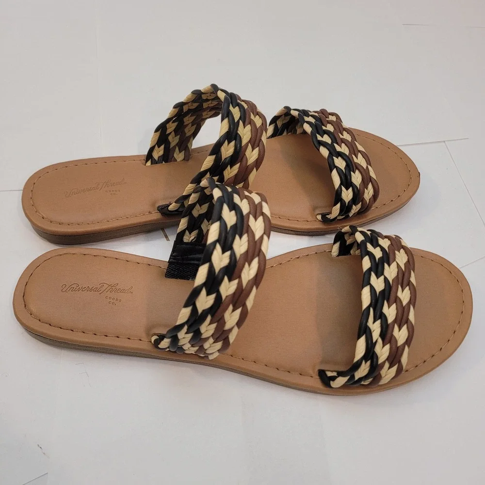 Universal Thread‎ Slide Sandals Women 8.5 Braided Straps Brown Tan Woven Flat